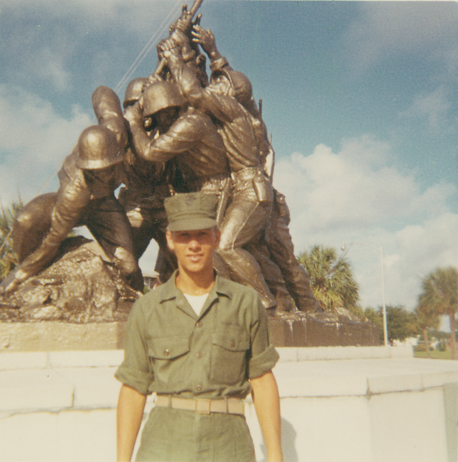 19690620 Charles at17yrs old in greens near statue in Parris Island