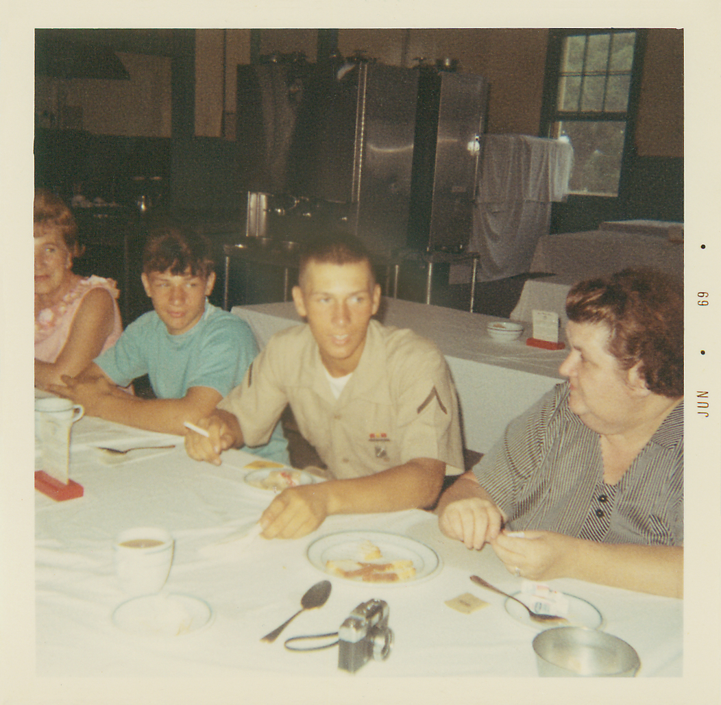 19690600 USMC Parris Island boot camp graduation with Charles's grand-aunt Marie, brother Chris, Charles at 17yrs, grandmother Marcella Ellsworth